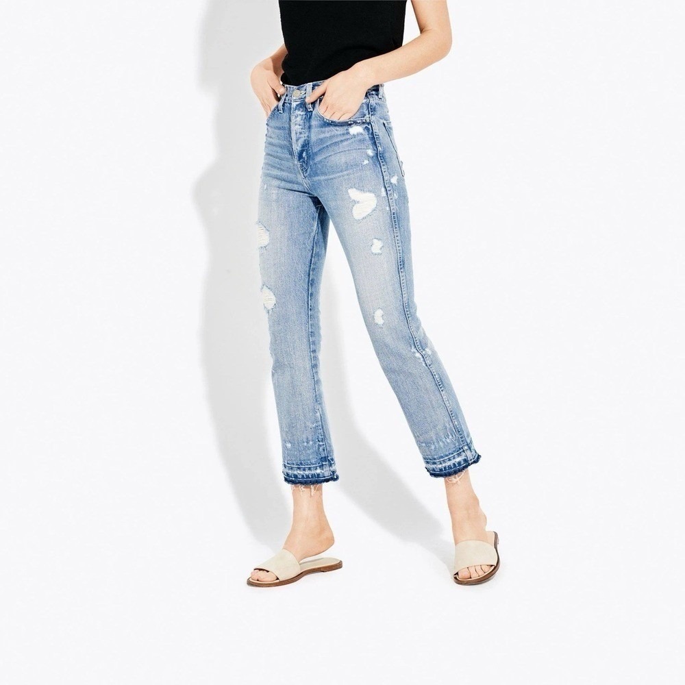 AYR Jeans Womens 29 Blue Kick Flare High Rise Crop Button Fly Distressed Cotton